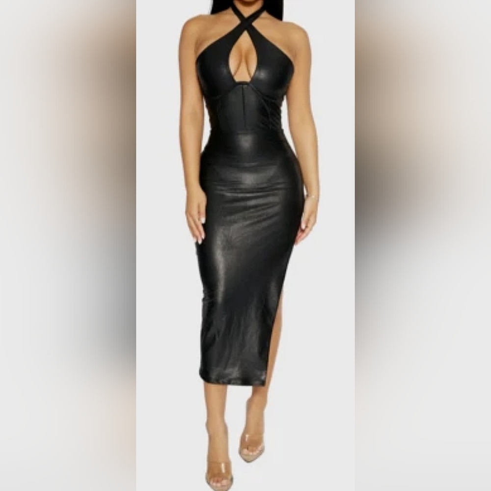 NWT SEXY Naked Wardrobe "Extra Drippin" High-Slit Crossover Halter Dress L